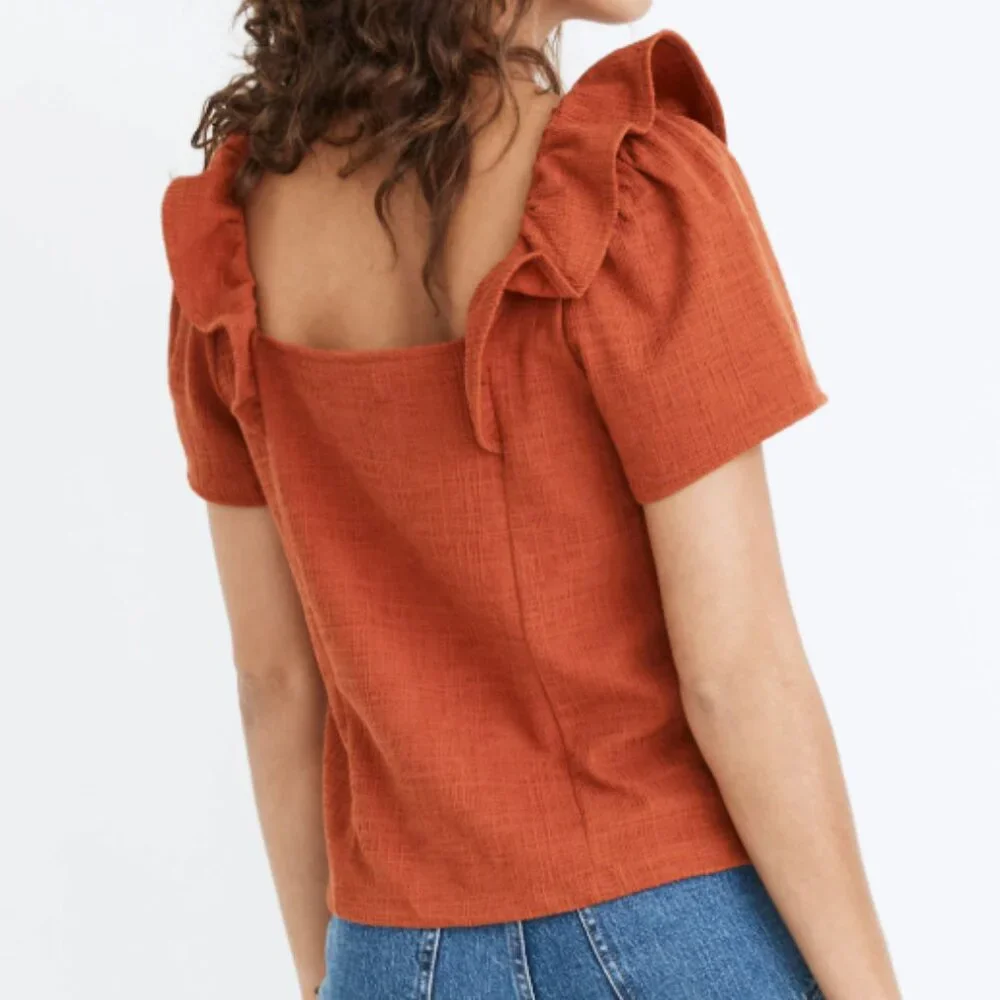 Madewell Women's Rust Orange Crosshatch Ruffled Short Sleeve Career Blouse Large